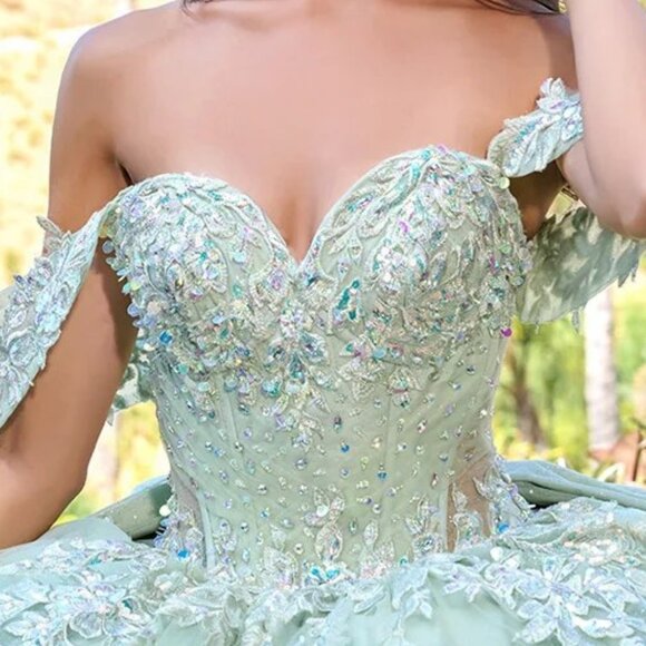 New Sage Tulle Ceremonial Gown w/ Sequins Embroidery & Layered Skirt GL3815 - Picture 6 of 15